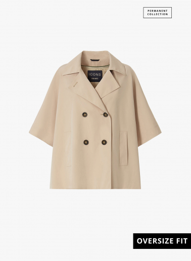 Mantella doppio petto beige in tessuto tecnico antigoccia