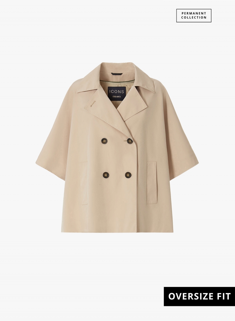Zweireihiges Cape beige aus regenabweisendem technischem Stoff