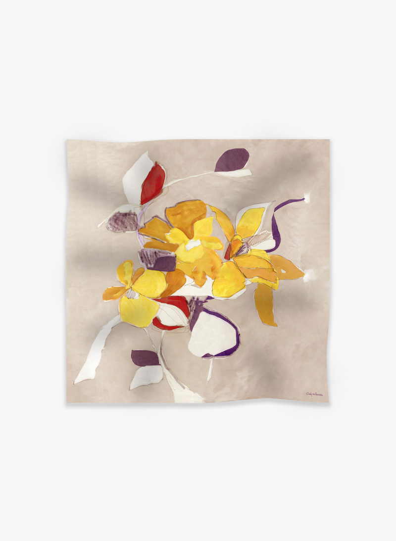 Yellow pure silk scarf with floral watercolor pattern