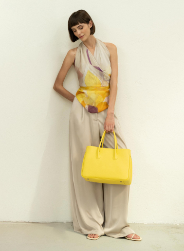 Yellow pure silk scarf with floral watercolor pattern