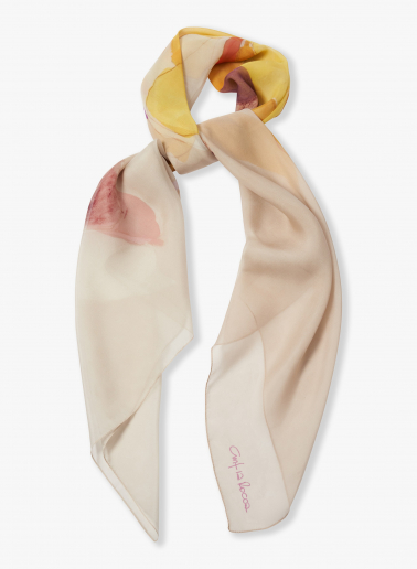Yellow pure silk scarf with floral watercolor pattern