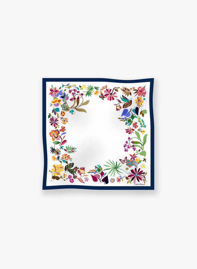 White pure silk scarf with floral pattern