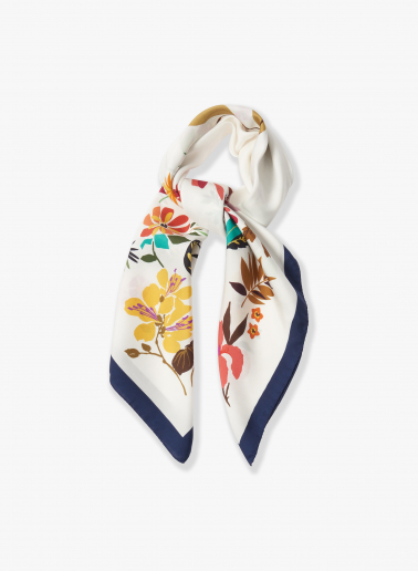 White pure silk scarf with floral pattern
