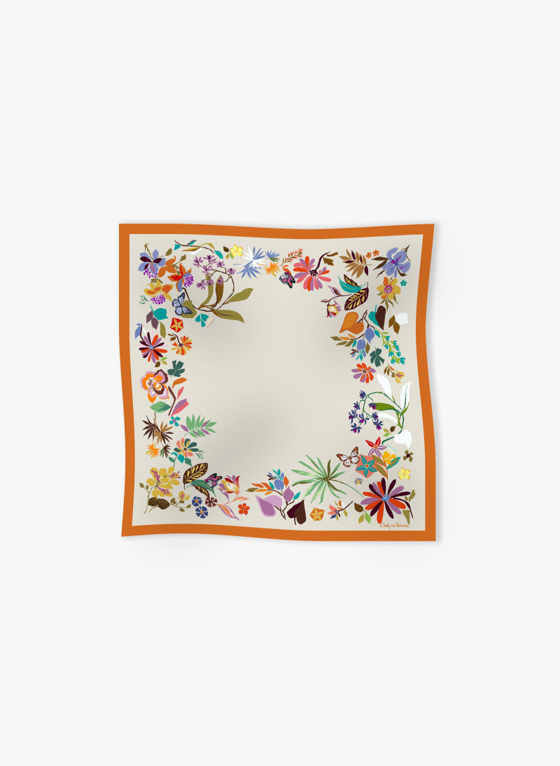 Yellow pure silk scarf with floral pattern