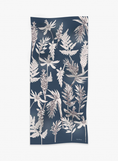 Maxi blue cotton and linen scarf with floral pattern