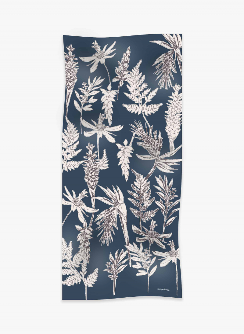 Maxi blue cotton and linen scarf with floral pattern
