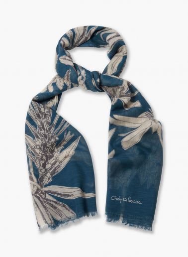 Maxi Schal aus Baumwolle und Leinen mit blau Blumendruck