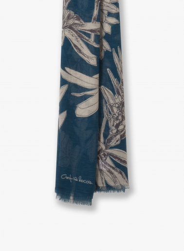 Maxi Schal aus Baumwolle und Leinen mit blau Blumendruck