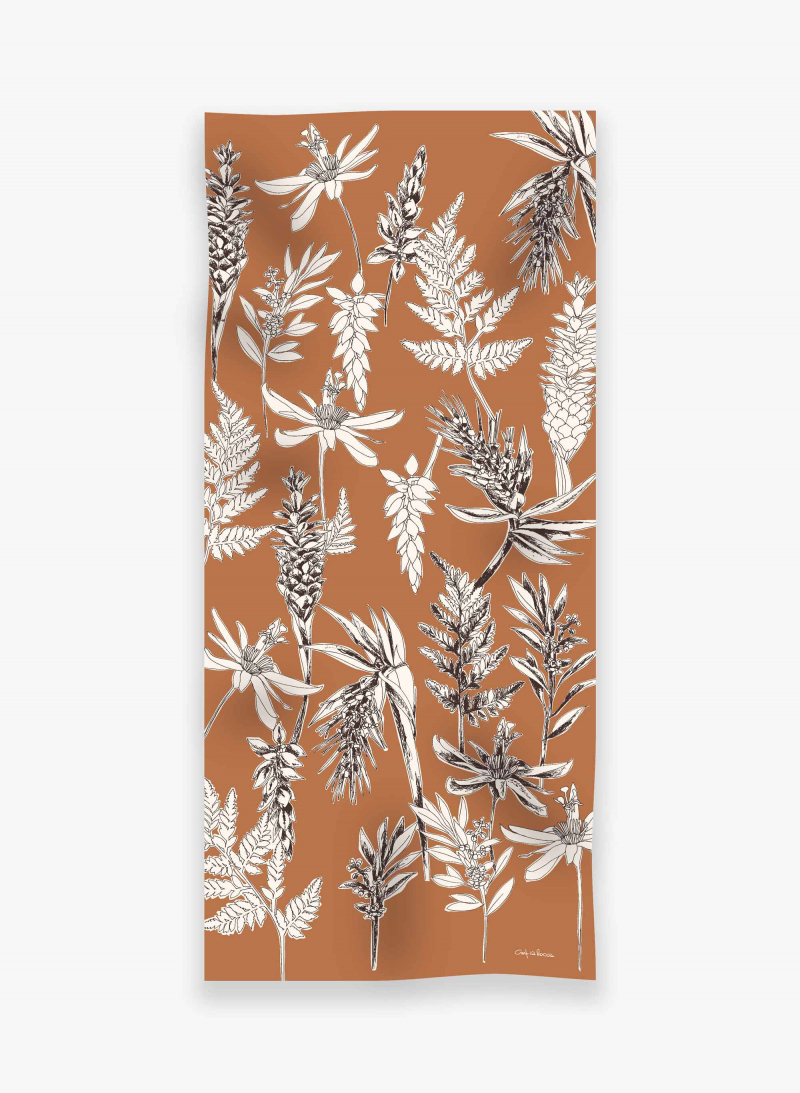 Maxi tobacco color cotton and linen scarf with floral pattern
