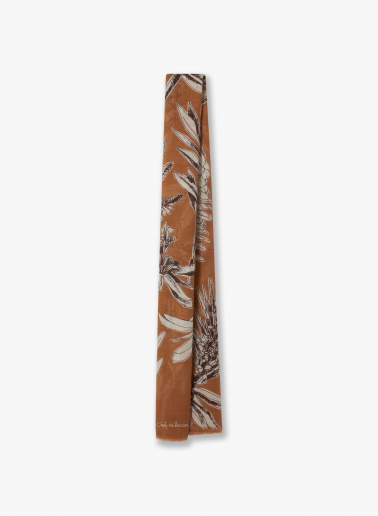 Maxi tobacco color cotton and linen scarf with floral pattern
