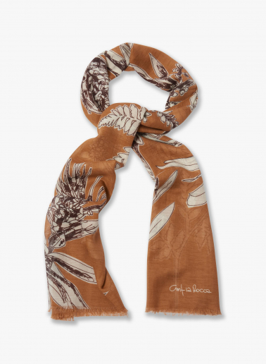 Maxi tobacco color cotton and linen scarf with floral pattern