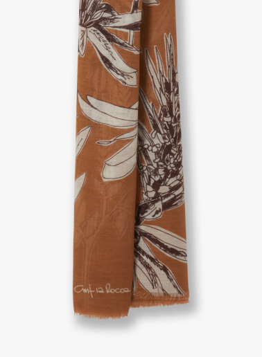Maxi tobacco color cotton and linen scarf with floral pattern