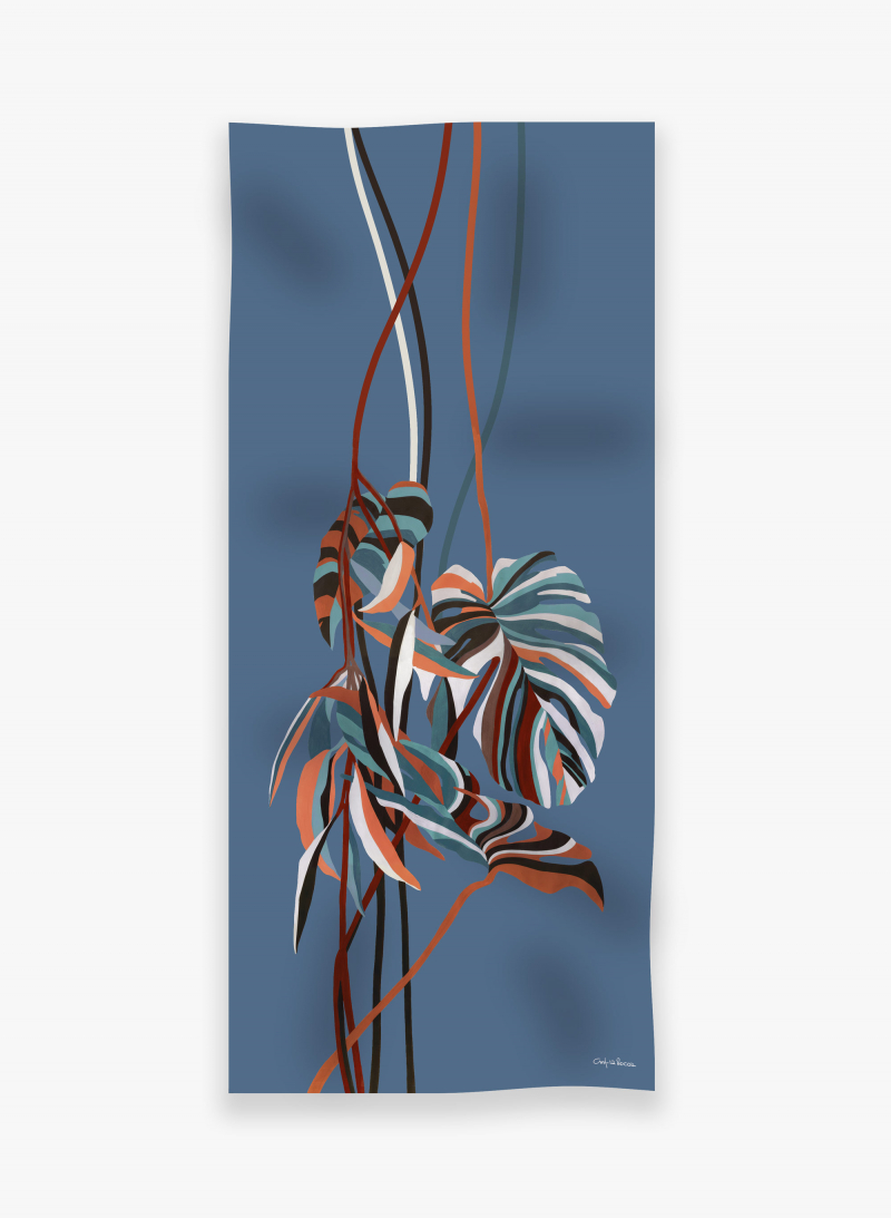 Maxi light blue cotton scarf with stylized leaf pattern