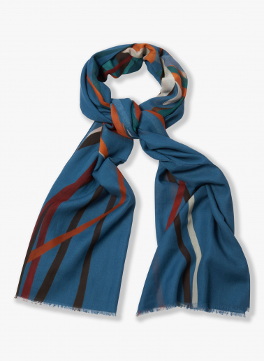 Maxi light blue cotton scarf with stylized leaf pattern