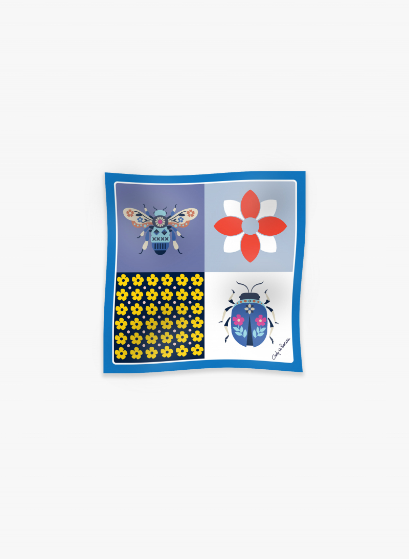 Kleines Seidentwill-Schal mit natürlichem Muster in blau