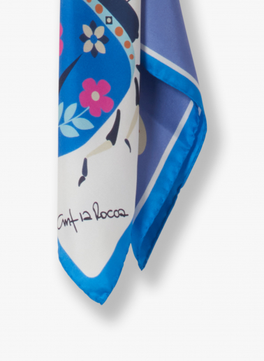Small blue silk twill scarf with nature pattern