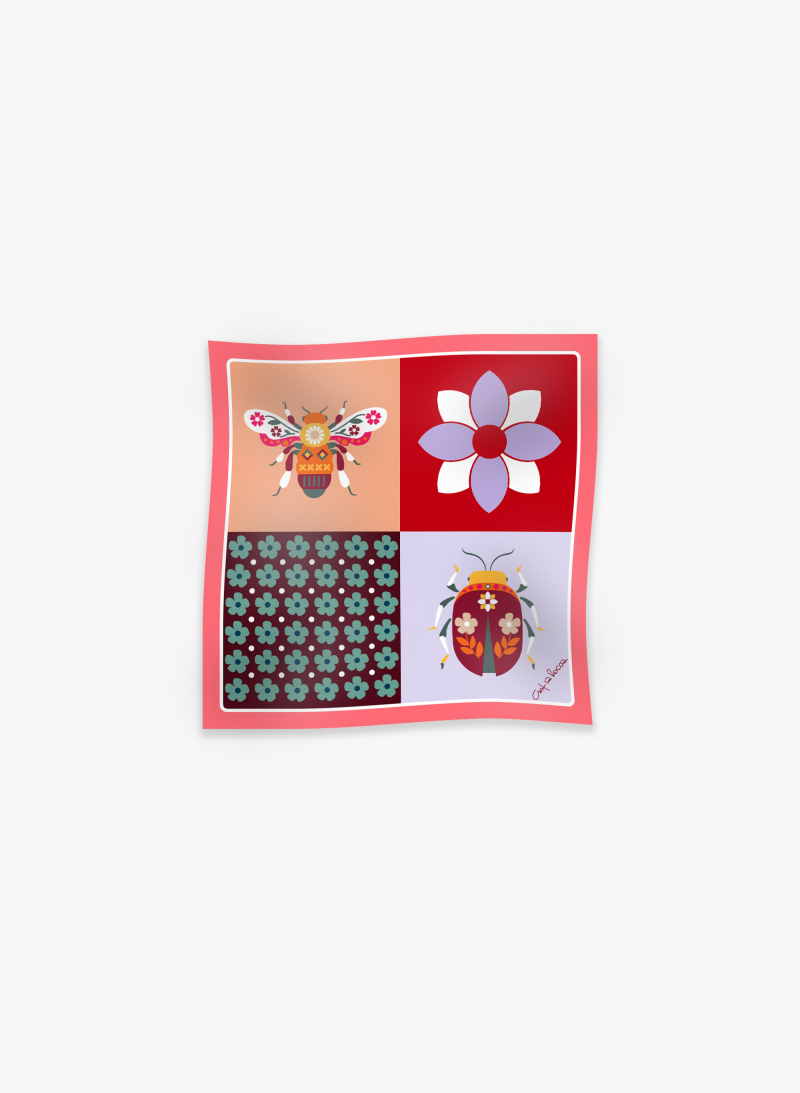 Small pink silk twill scarf with nature pattern