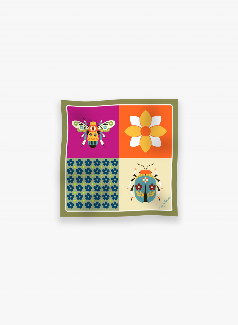 Small green silk twill scarf with nature pattern