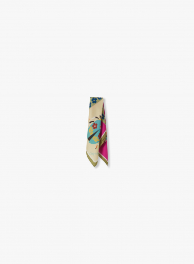 Small green silk twill scarf with nature pattern