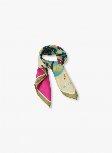 Small green silk twill scarf with nature pattern