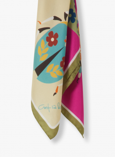 Small green silk twill scarf with nature pattern
