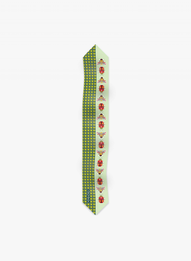 Green silk twill band with nature pattern