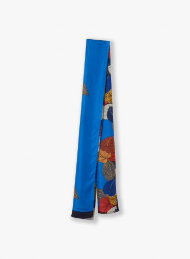 Blue twill silk scarf with stylized plant pattern