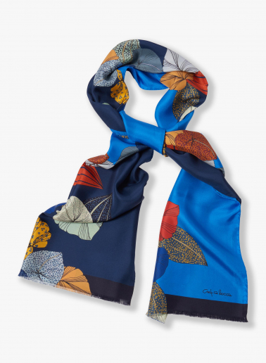 Blue twill silk scarf with stylized plant pattern