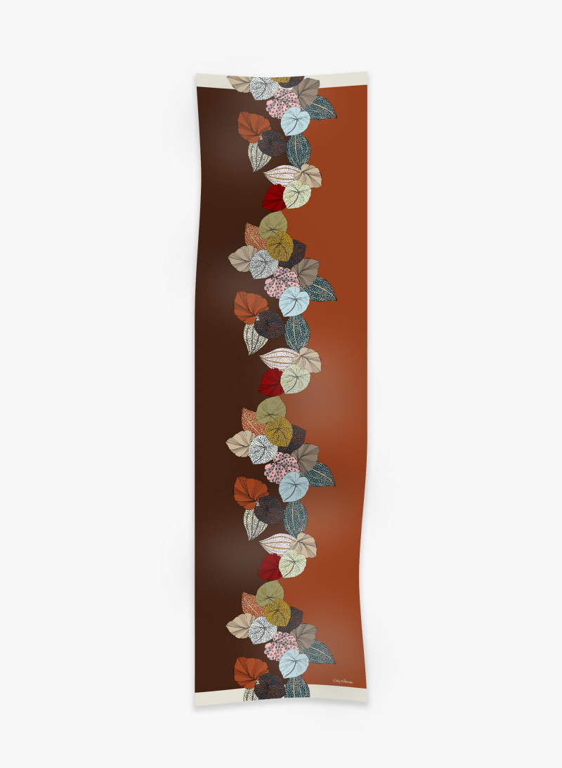Tobacco color twill silk scarf with stylized plant pattern