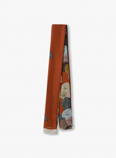 Tobacco color twill silk scarf with stylized plant pattern