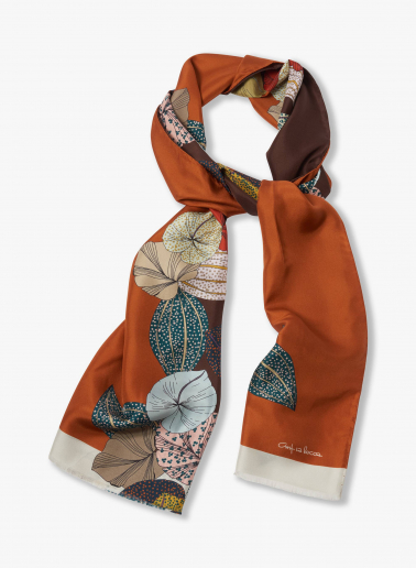 Tobacco color twill silk scarf with stylized plant pattern