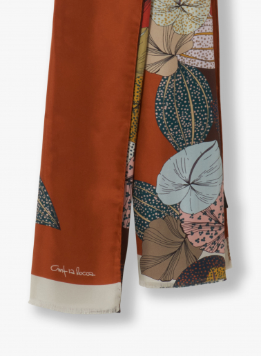 Tobacco color twill silk scarf with stylized plant pattern