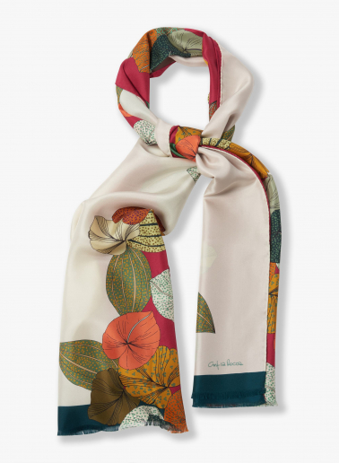 Pink twill silk scarf with stylized plant pattern