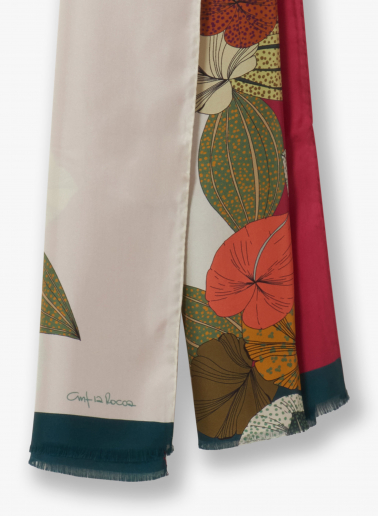 Pink twill silk scarf with stylized plant pattern
