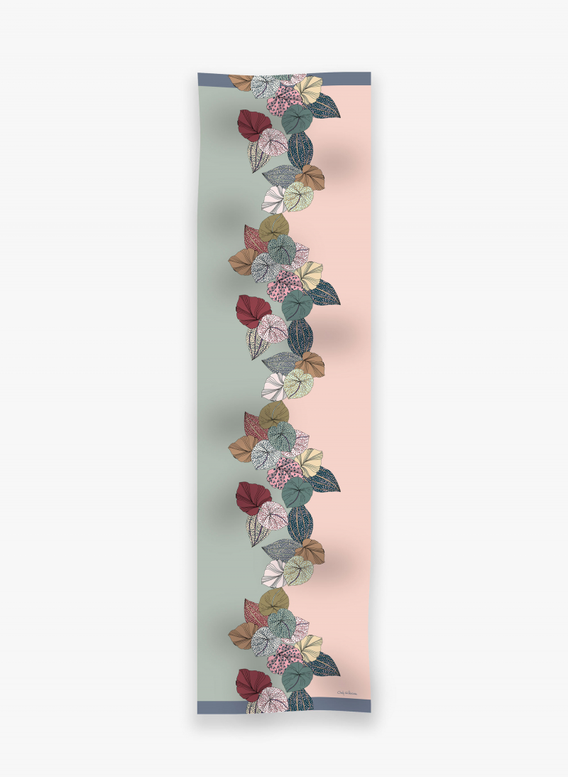 Grey twill silk scarf with stylized plant pattern