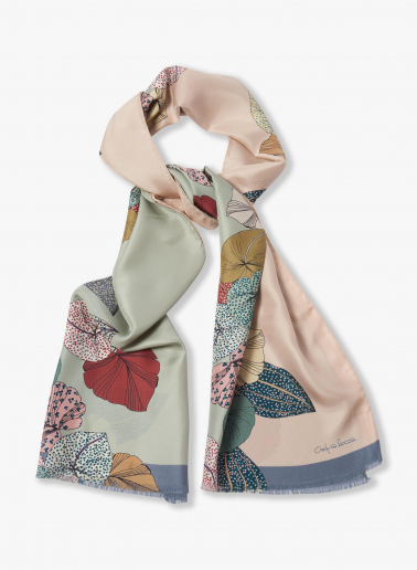 Grey twill silk scarf with stylized plant pattern