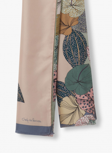 Grey twill silk scarf with stylized plant pattern
