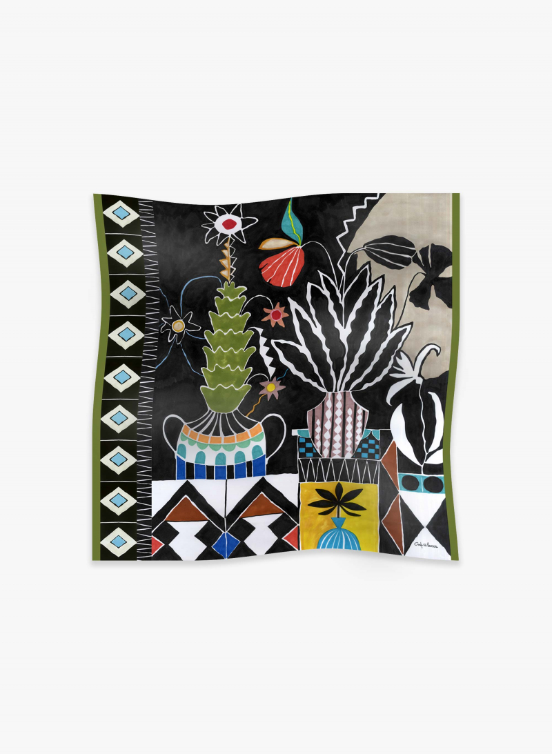 Black pure silk scarf with abstract nature pattern