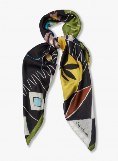 Black pure silk scarf with abstract nature pattern