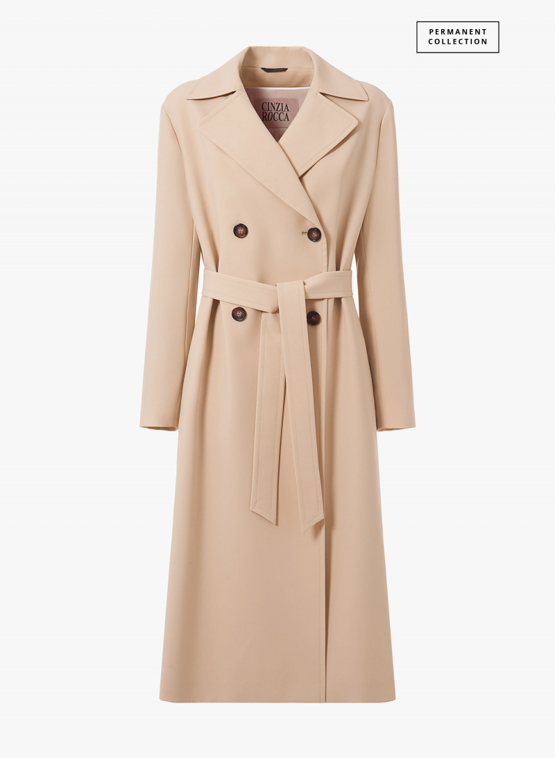 Zweireihiger Maxi Trench beige aus regenabweisendem technischem Stoff