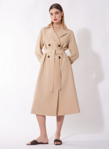 Zweireihiger Maxi Trench beige aus regenabweisendem technischem Stoff