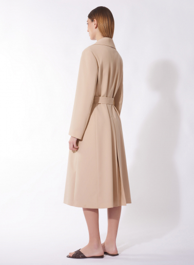 Zweireihiger Maxi Trench beige aus regenabweisendem technischem Stoff