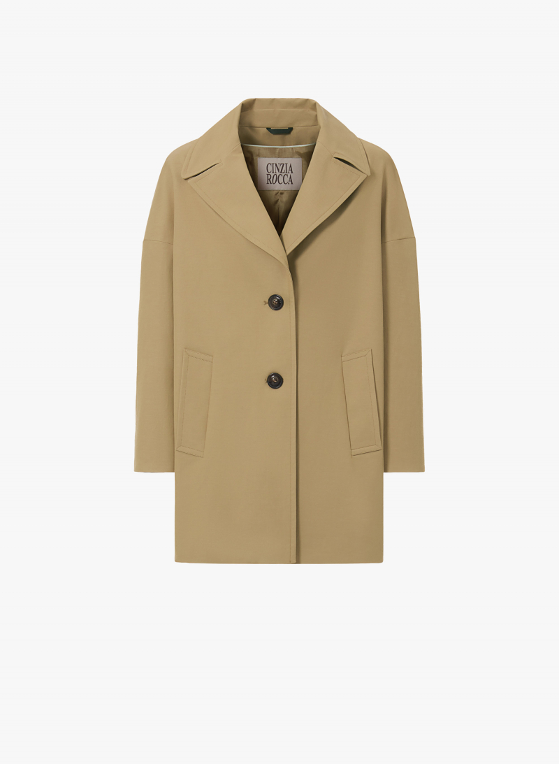 Stretch-Baumwoll-Kurzmantel mit breitem Revers in camel