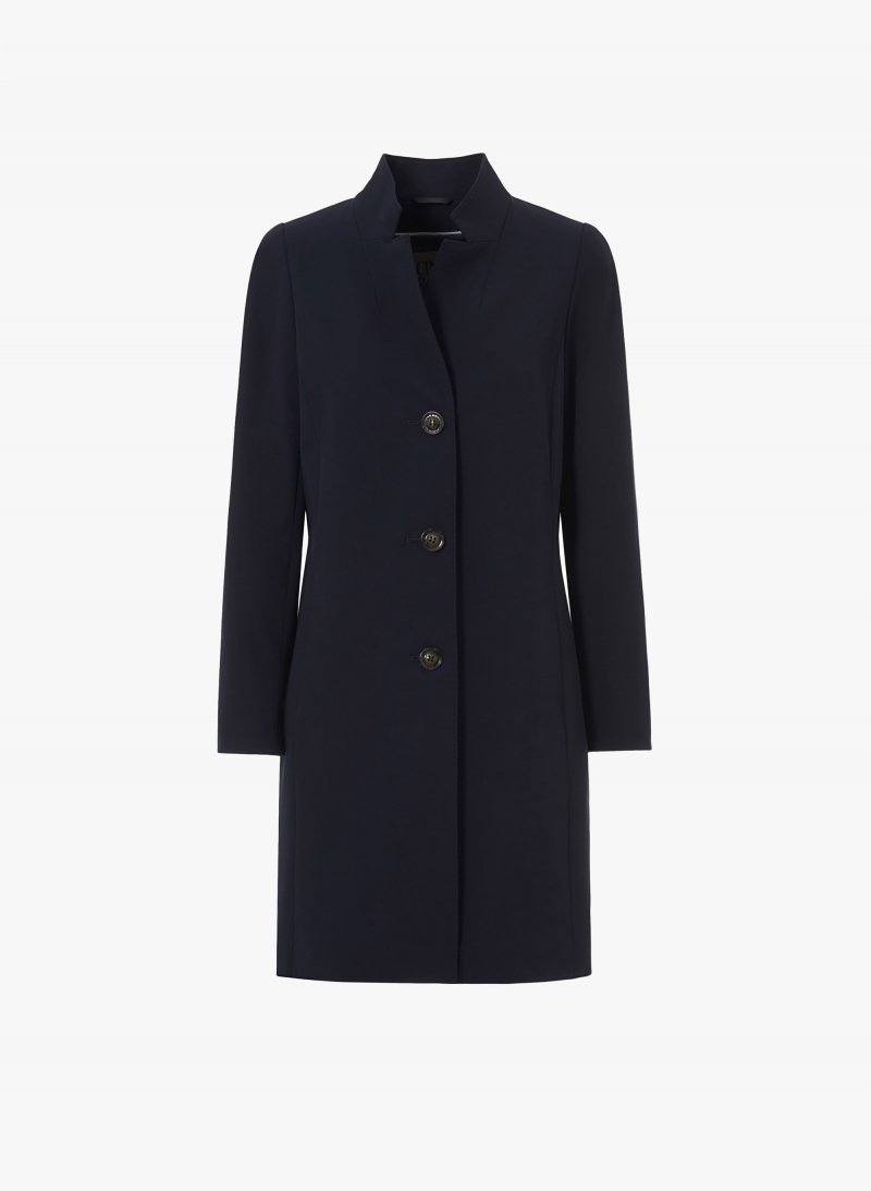 Blue stretch cotton overcoat with inverted notch collar