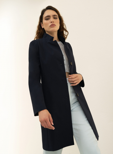 Blue stretch cotton overcoat with inverted notch collar