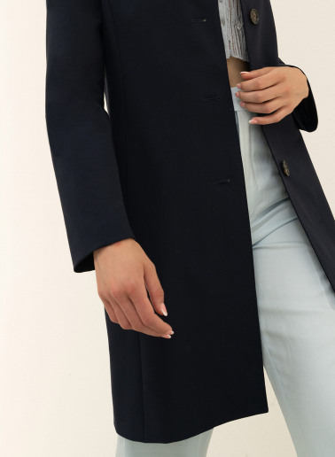 Blue stretch cotton overcoat with inverted notch collar