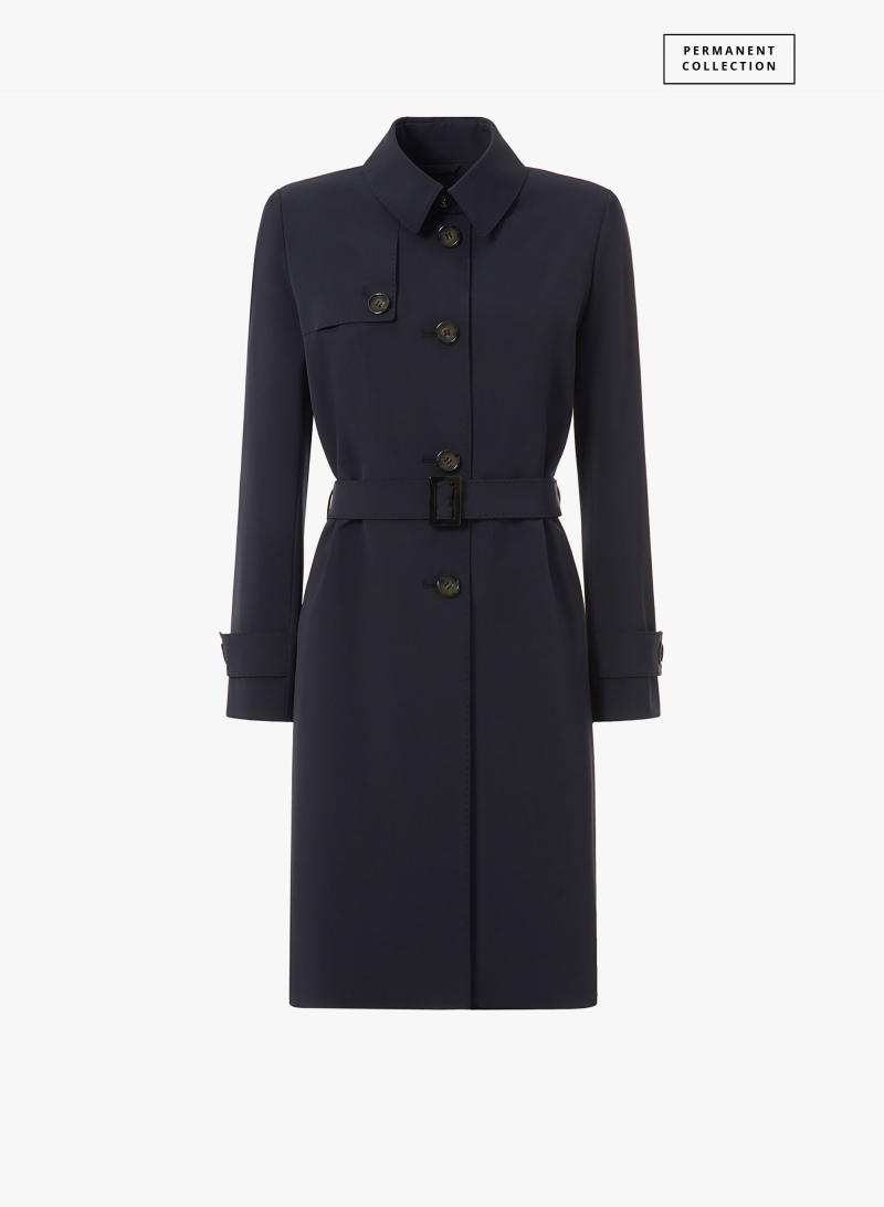 Single breasted blue trench coat in technical fabric with hand stitches