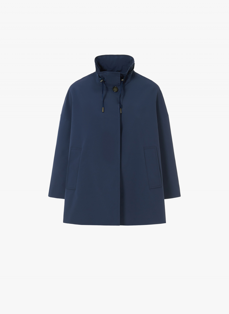 Flared marine blue jacket in rainproof technical fabric