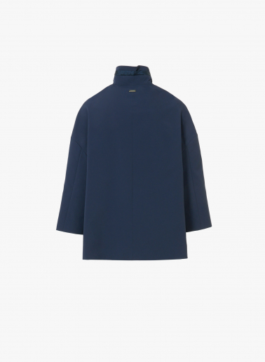 Flared marine blue jacket in rainproof technical fabric