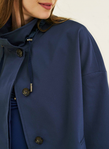Flared marine blue jacket in rainproof technical fabric